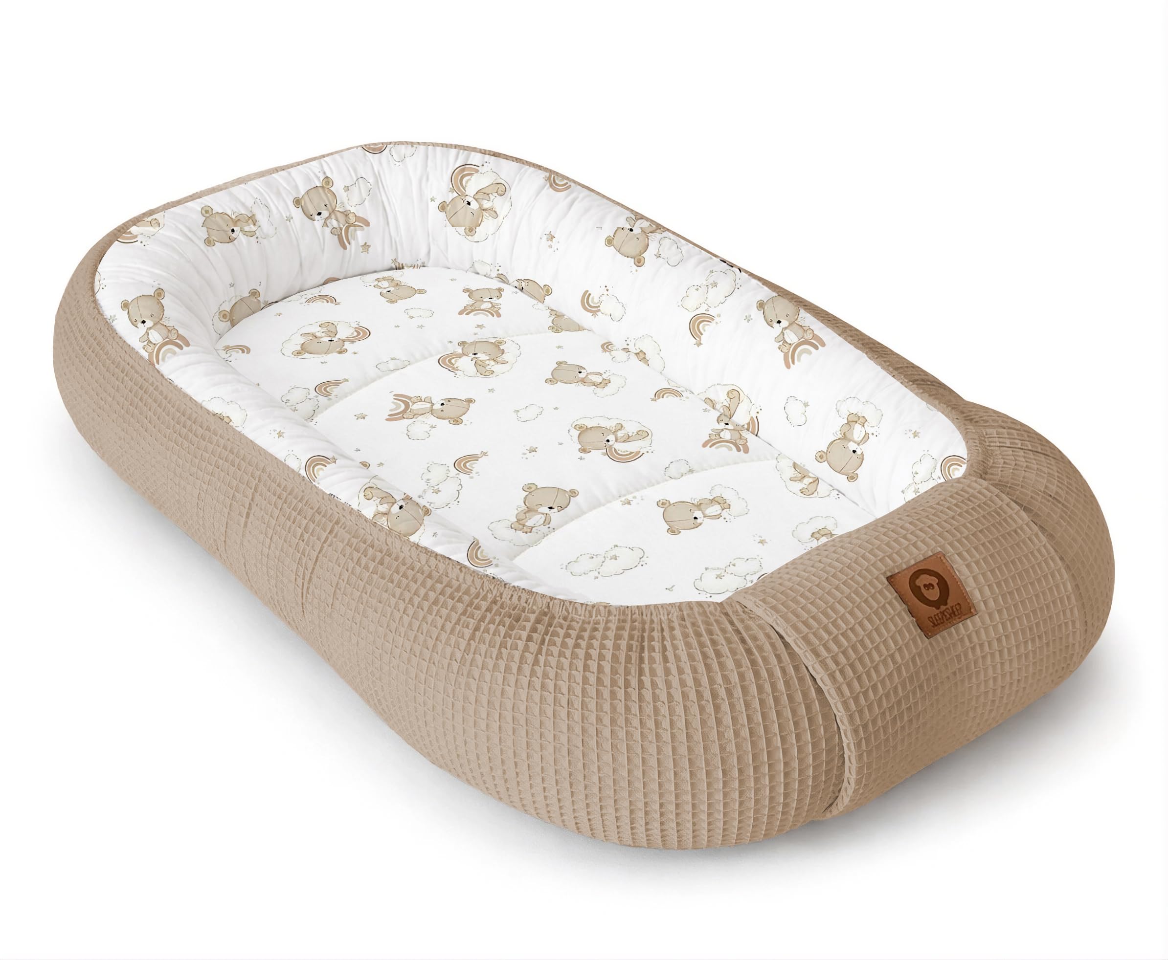 Babynestchen Neugeborene – Nestchen Baby aus Waffel Baumwolle & Baumwollstoff – Babynest für Babybett & Kinderbett – Baby Kokon Tragbar – OEKO-TEX zertifiziert – Zubehör für Babybett - Teddy und Braun