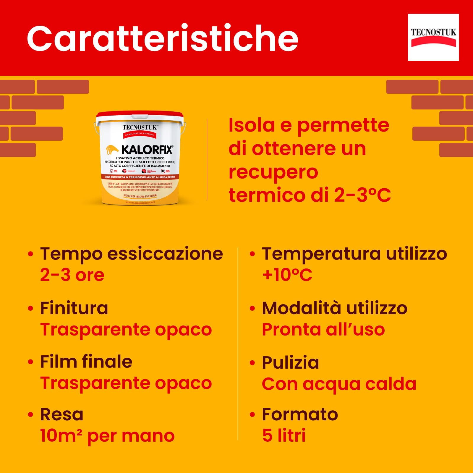 Tecnostuk Muffa KO - Fondo Antimuffa Sbiancante Muri Ecologico e Traspirante 3 lt + Kalorfix Fissativo Isolante Termico per Esterni e Interni Contro Muffa e Batteri 5 lt - Made in Italy