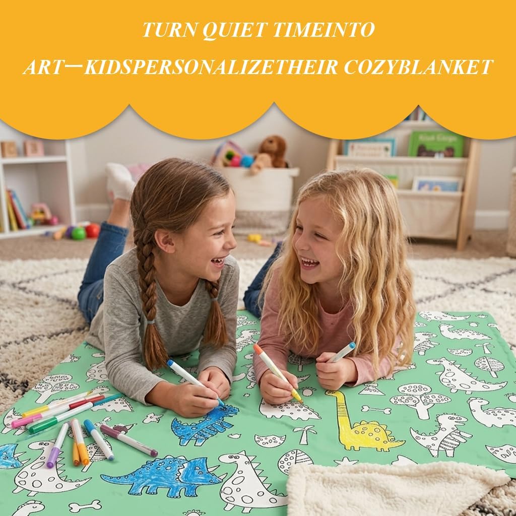 Green Dinosaurs DIY Coloring Blanket Set - Soft Sherpa Fleece Throw with Colored Markers | Creative Art Blanket for Kids & Adults Daily Use image 3