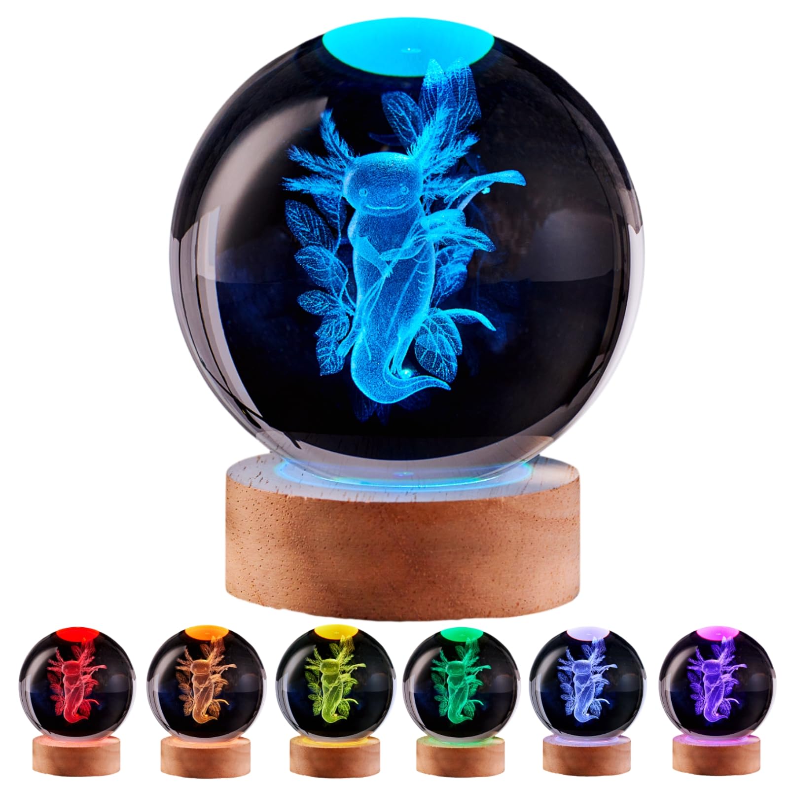 LGY3DLight 3D Axolotl Crystal Ball Lamp with Remote Control, 3.15 inch Crystal Night Light with Wooden Base 16 Colors Change, Glass Figurine Lamp Gift for Girls Boys Wife Girlfriend Mom (Axolotl)