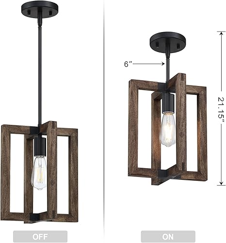 Miniatura 2 de 1 lámpara colgante de madera natural rústica ajustable (juego de 2) con jaula de madera y metal, mini accesorio de iluminación colgante para cocina,