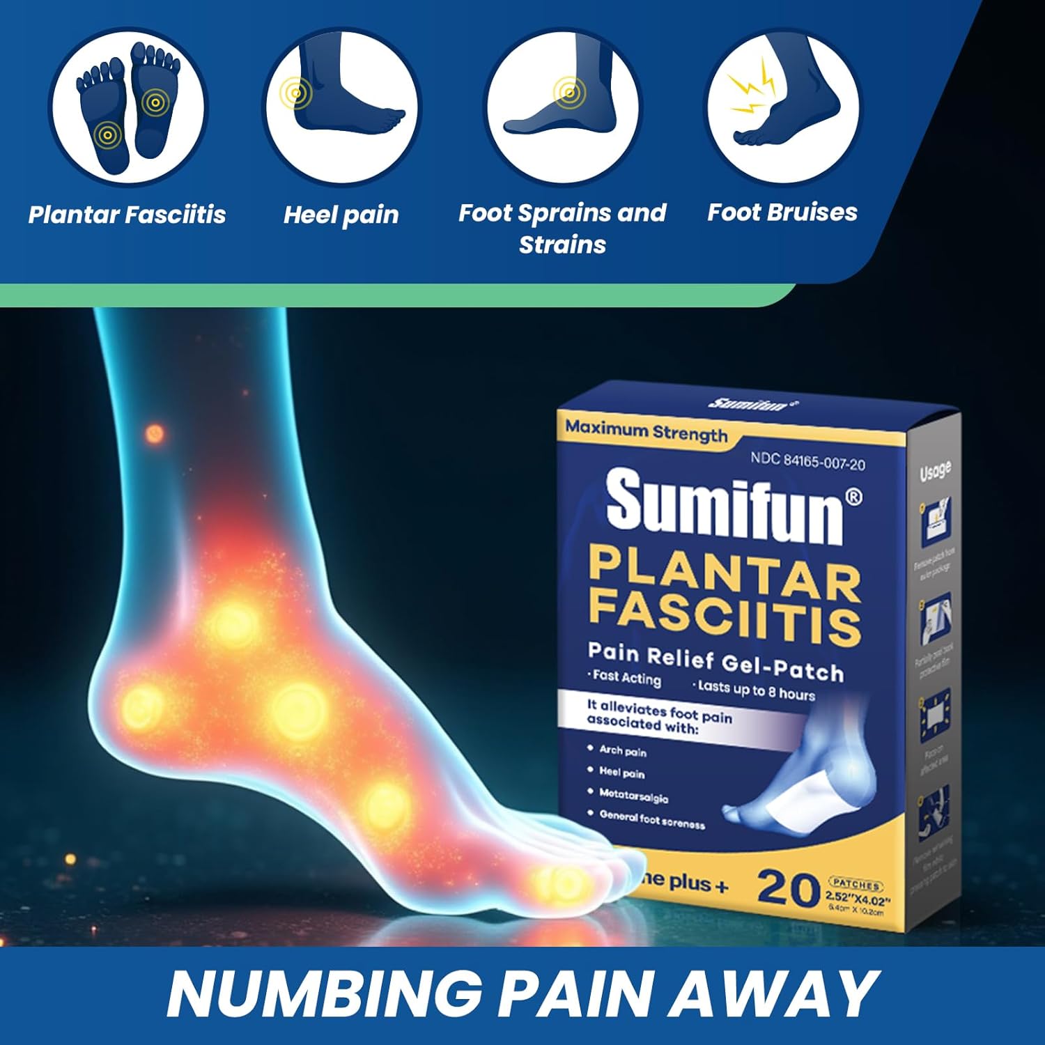 Sumifun Plantar Fasciitis Pain Patches, 4% Lidocaine Plus 1% Menthol, Maximum Strength 8-Hour Lidocaine Patches for Heel & Foot Pain Relief, Sprains, Strains & Bruises (6x10cm, 20 Counts)