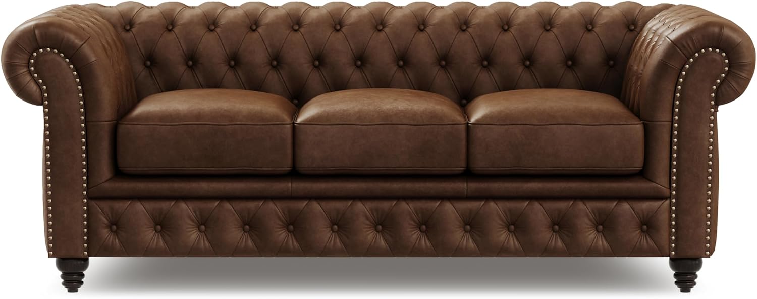 Valencia Parma Chesterfield 3 Seater Sofa 82" | Premium Full-Aniline Leather | Mid-Century Leather Couch with Classic Button Tufted Back, Wood Legs for Living Room, Chocolate - Thumbnail 2