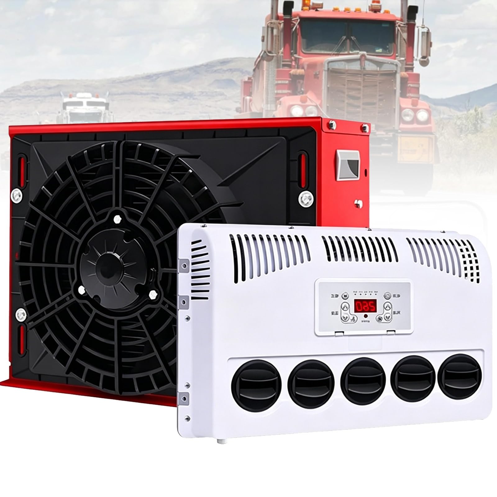 Osnzyc Red Dc Powe Rv Air Conditioner, 12V/24V No Fuel Consumption Semi Truck Parking Split Ac Unit, Quiet A/C Inverter Cooling, For Sleeper Truck, Enclosed Trailer, Tractor, Loader -12V
