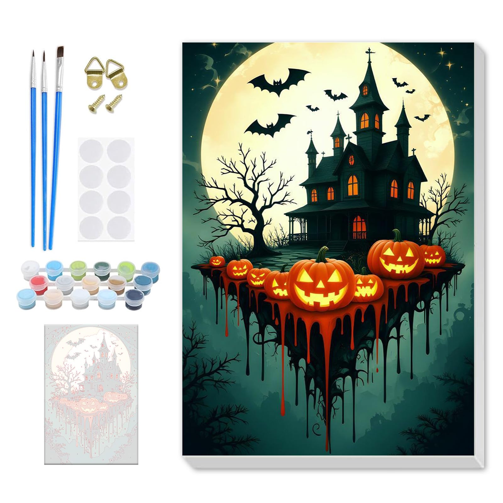 DOMROM Halloween Pumpkin Castle Bat Paint by Number Kits for Adults, DIY Paint by Numbers Kits for Adults Beginners Without Frame, Acrylic Paint Canvas Painting Kits Art for Home Decor 8X12 inch