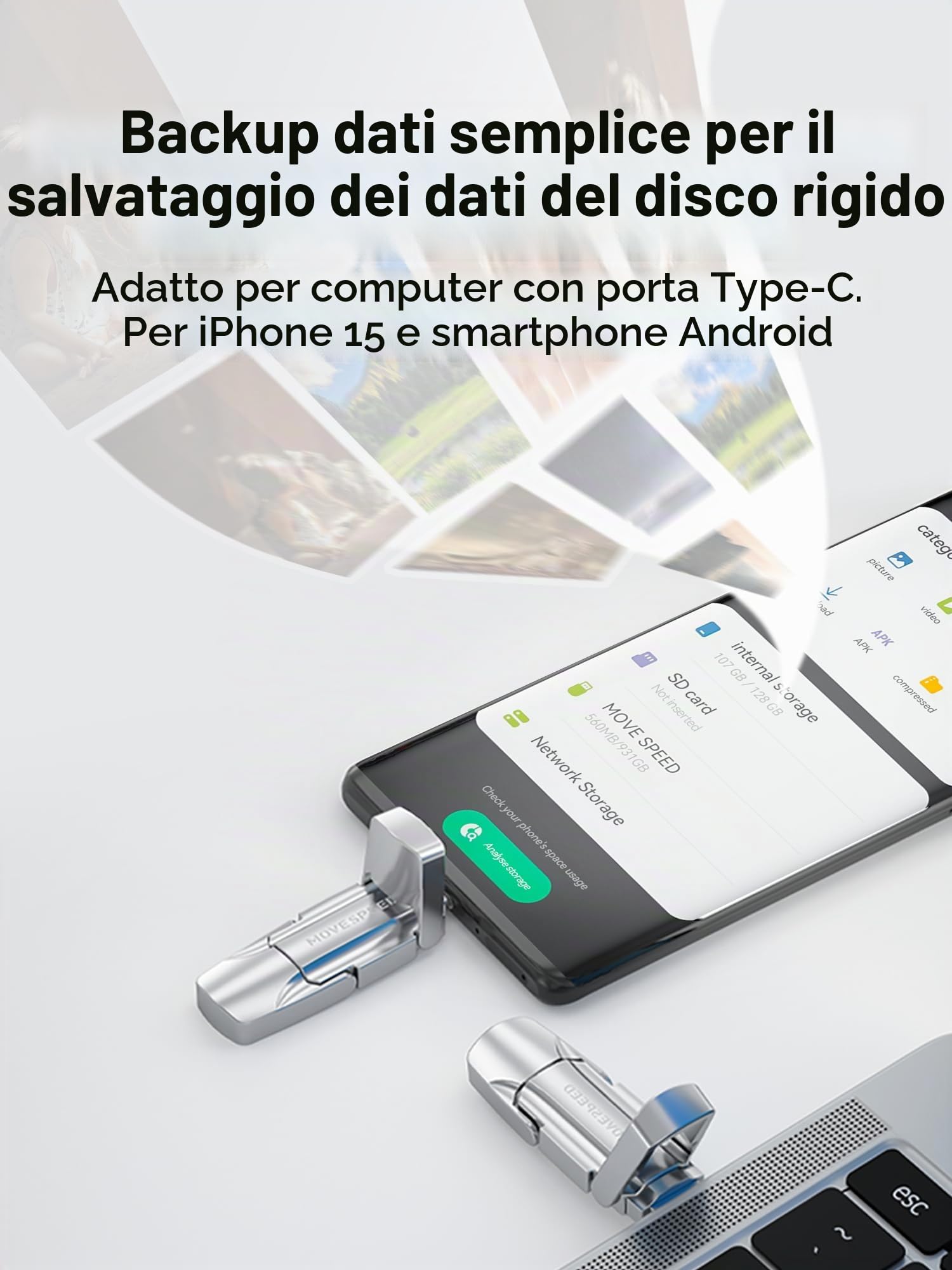 MOVE SPEED 1 TB chiavetta USB 3.2 - Unità flash a stato solido con 520 MB/s, unità USB di tipo C ad alta velocità di seconda generazione