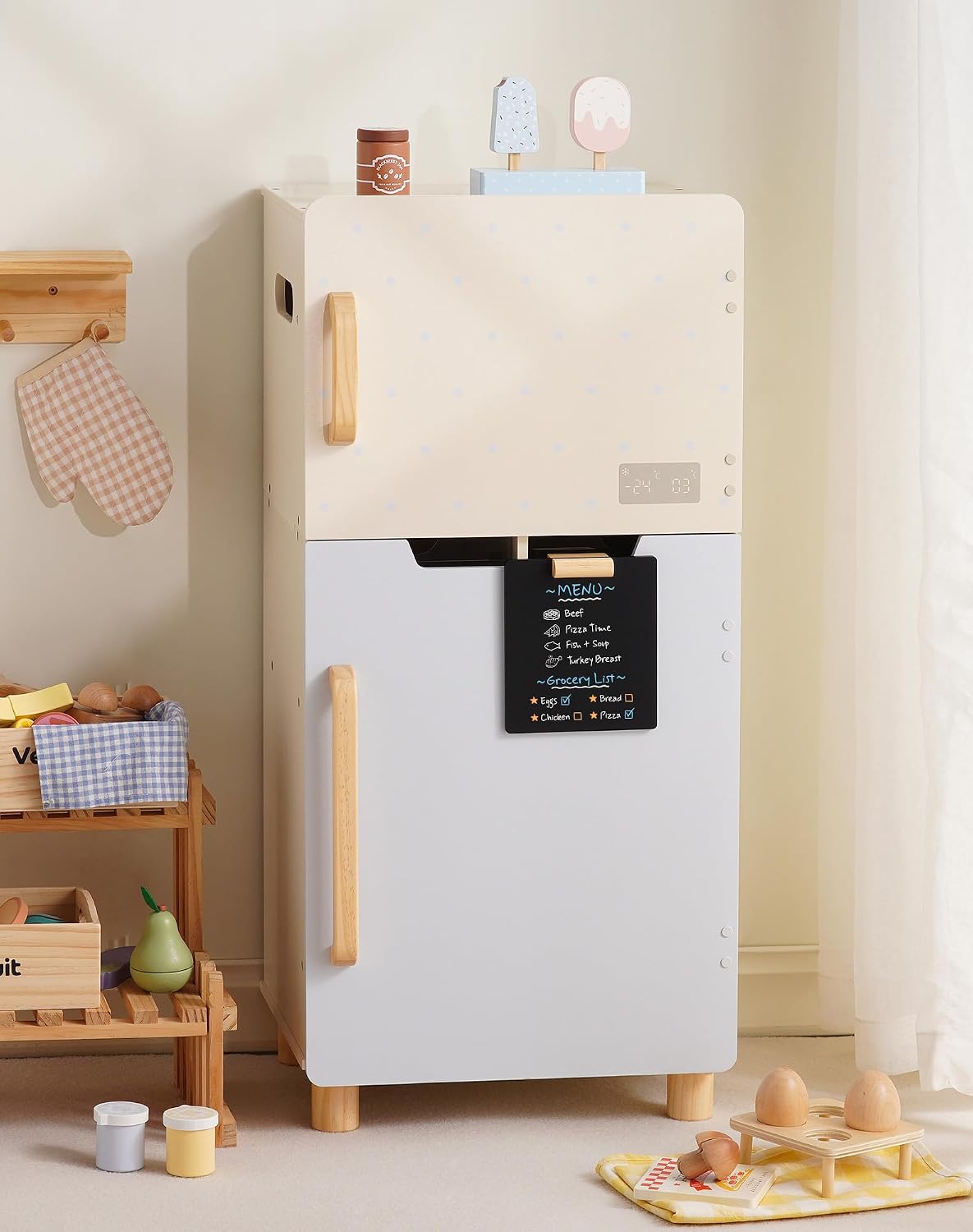 ROBOTIME Wooden Toy Fridge for Kids, Realistic Play Fridge with Freezer, Blackboard, Egg & Ice Cream Accessories, Spacious Storage Play Refrigerator for Kids, Perfect Play Kitchen Pretend Kitchen Toy