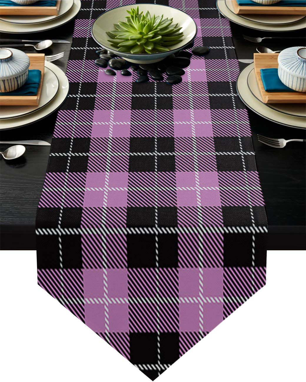 CyCoShower Non-Slip Burlap Table Runners Pink and Black Buffalo Checked Classic Design Dining Table Runner for Dinner Kitchen Table Outdoor & Indoor Party 13x70 inch