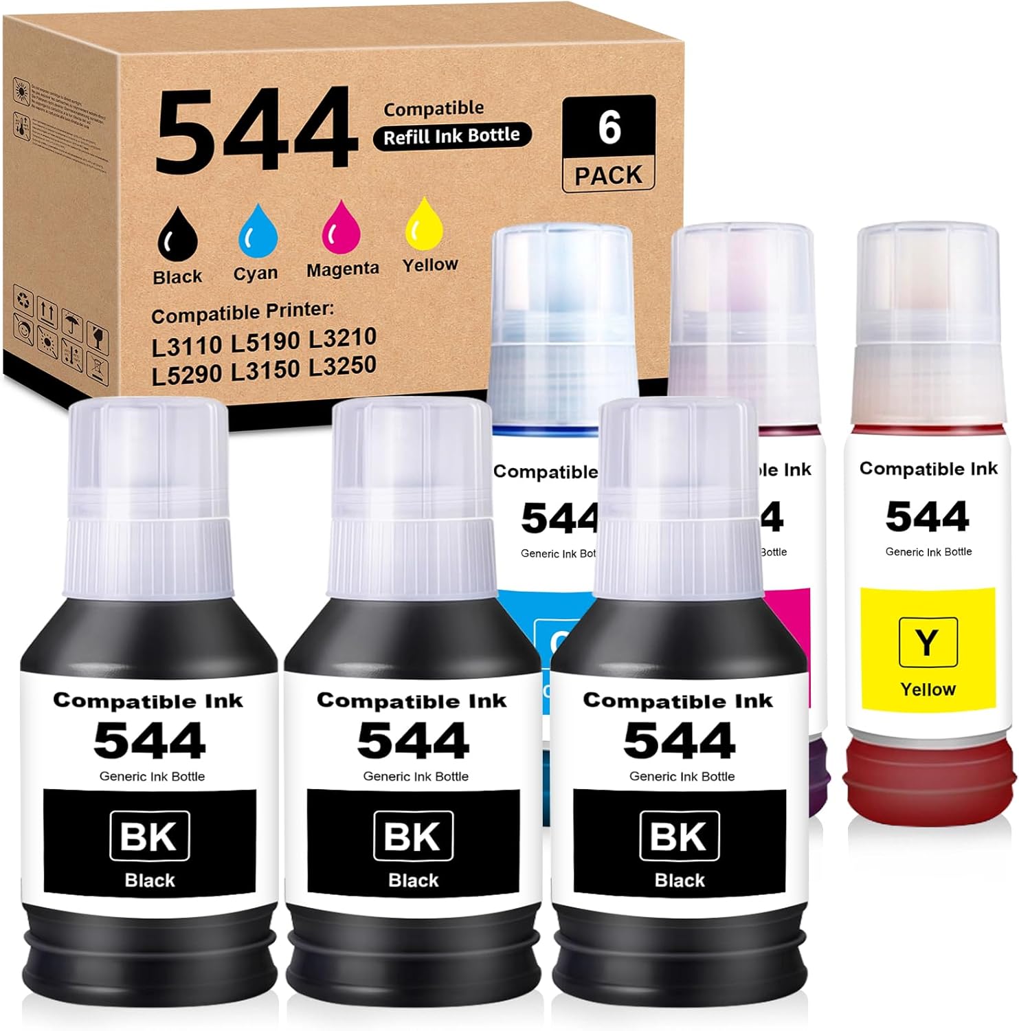 544 Ink Refill Bottles Compatible with T544120 T544220 T544320 T544420 Replacement for L1210 L1250 L3110 L3150 L3160 L3210 L3250 L3251 L3260 L5290 L5590 (6 Pack)