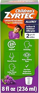 Children's Zyrtec Liquid, Kid's Antihistamine Syrup, Dye-, Sugar-, and Alcohol-Free, Pleasant Grape Flavor, Contains Cetirizine HCl Suitable for Ages 2 Years and Up, 8 fl oz Bottle