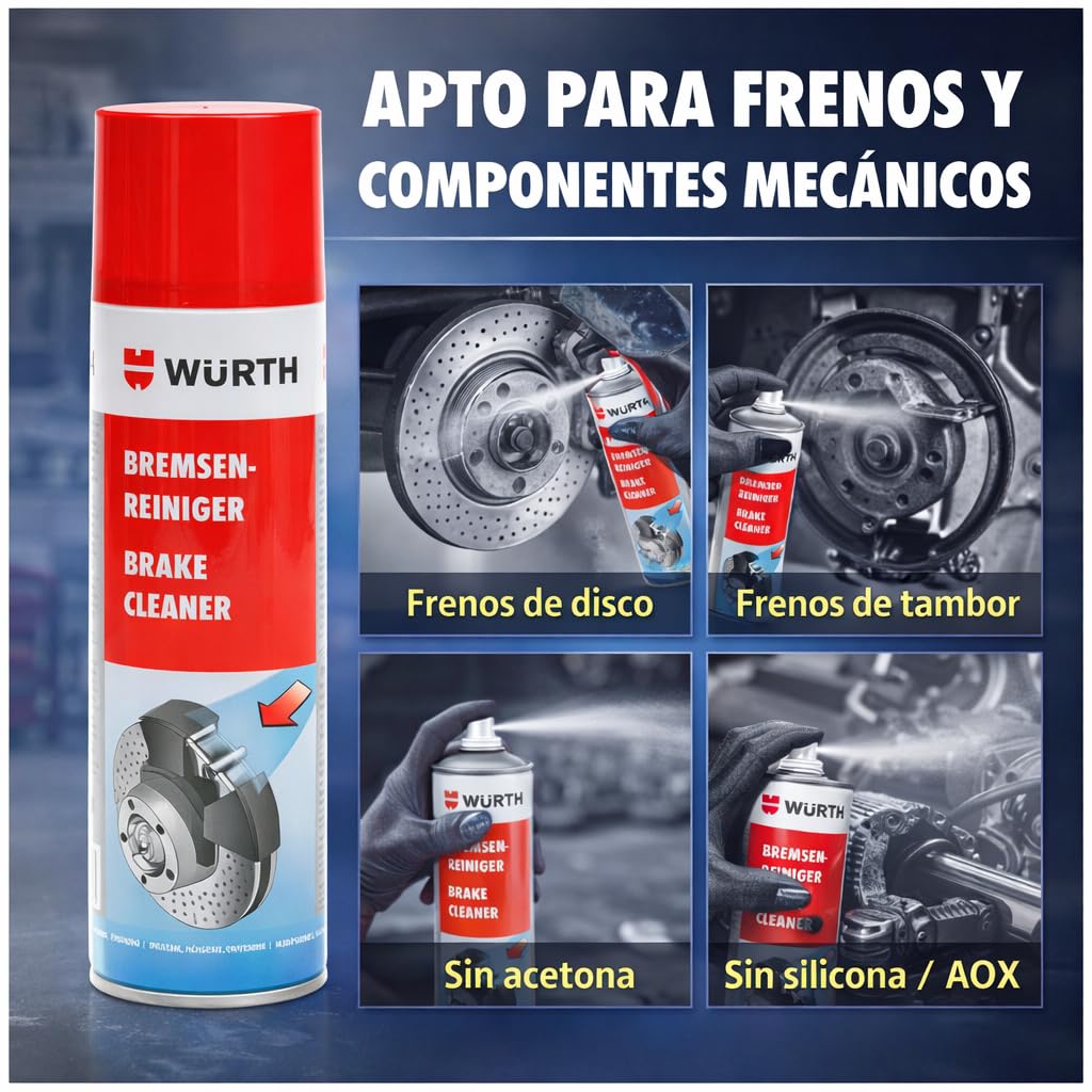 Wurth Limpiador de Frenos, Eliminador de Grasas y Residuos de Aceite, No Daña Plásticos, Secado Rápido, Sin Siliconas, Paquete de 4 - 5