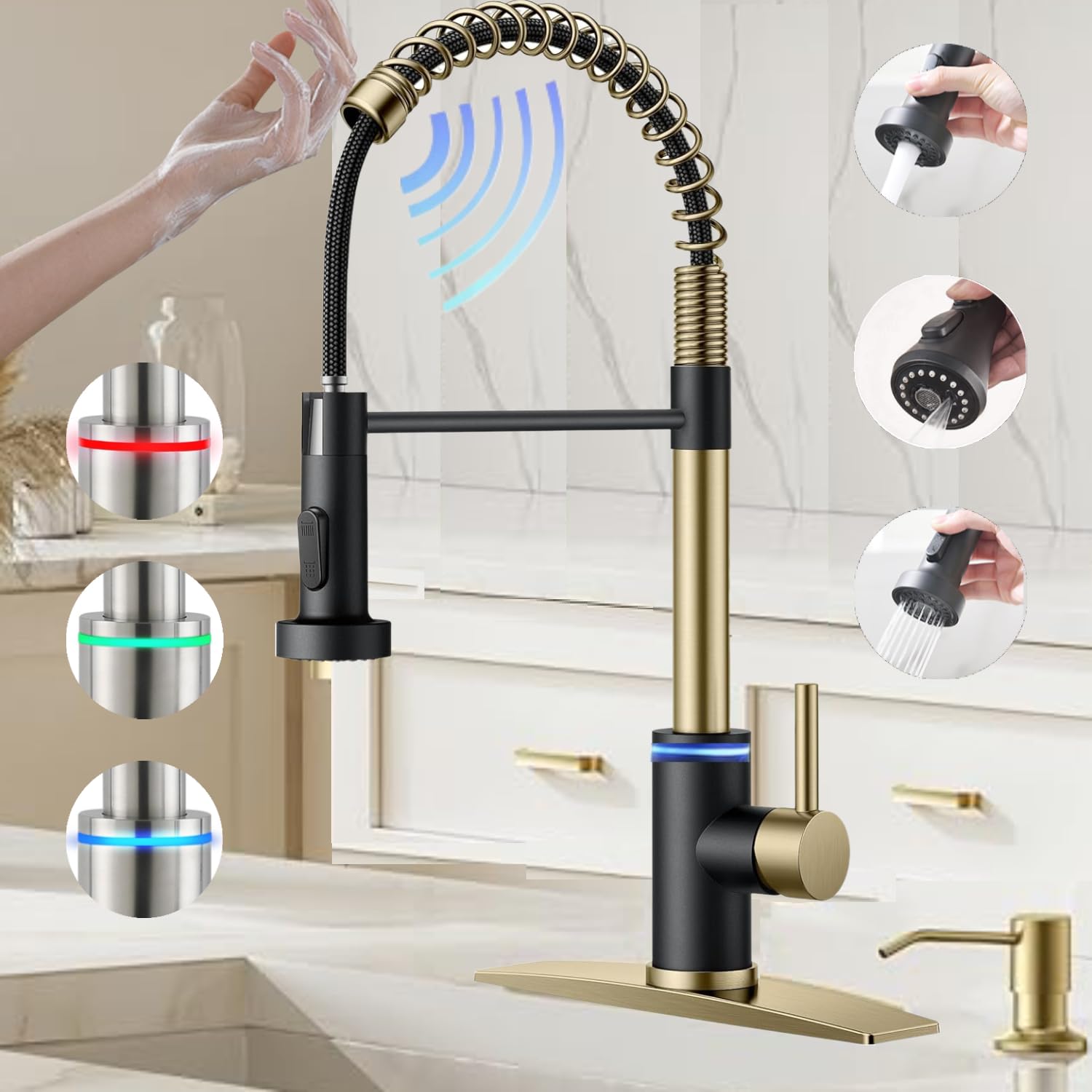 Smart Kitchen Faucet, 3 Modes Pull Down Sprayer, Smart Touch On Sensor Activated, LED Temperature Control, 360-Degree Rotation, 1 or 3 Hole Deck Plate. (KW-66GR, Brushed Gold/Black)