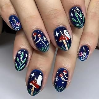 Halloween Press on Nails Short Almond Fake Nails Cute Flower Ghost Mushroom False Nails Dark Blue Full Cover Stick on Nails Colorful Leaves Spooky Glossy Acrylic Glue on Nails for women 24Pcs