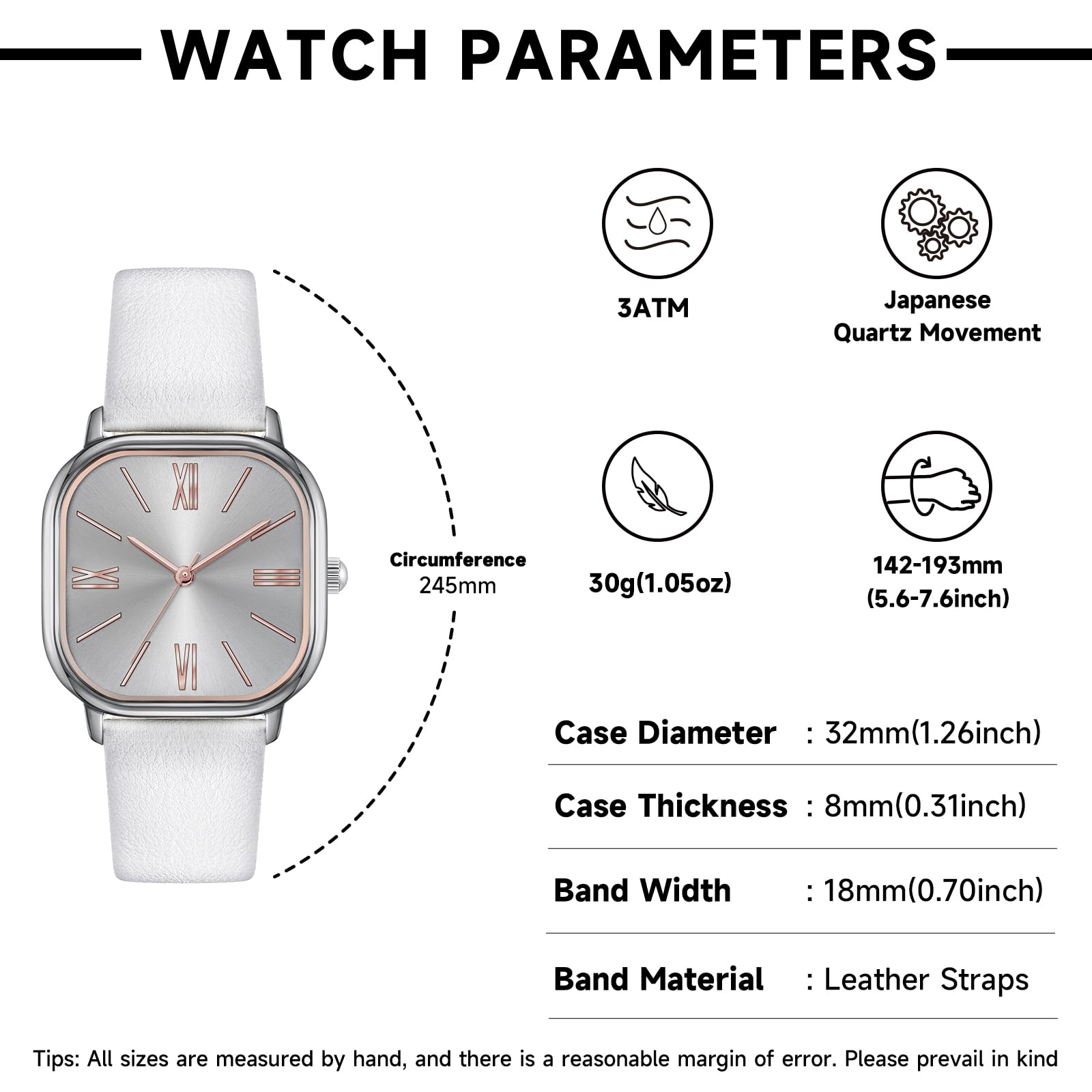 Reloj cuadrado para mujer, correa de cuero fácil de leer, Blanco, Reloj minimalista, vestido 2