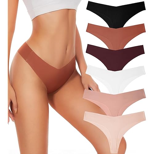 Hellopopgo Seamless Thongs For Women V-waisted No Show Thong Seamless Panties Breathable Comfortable Underwear Womens 6-Pack