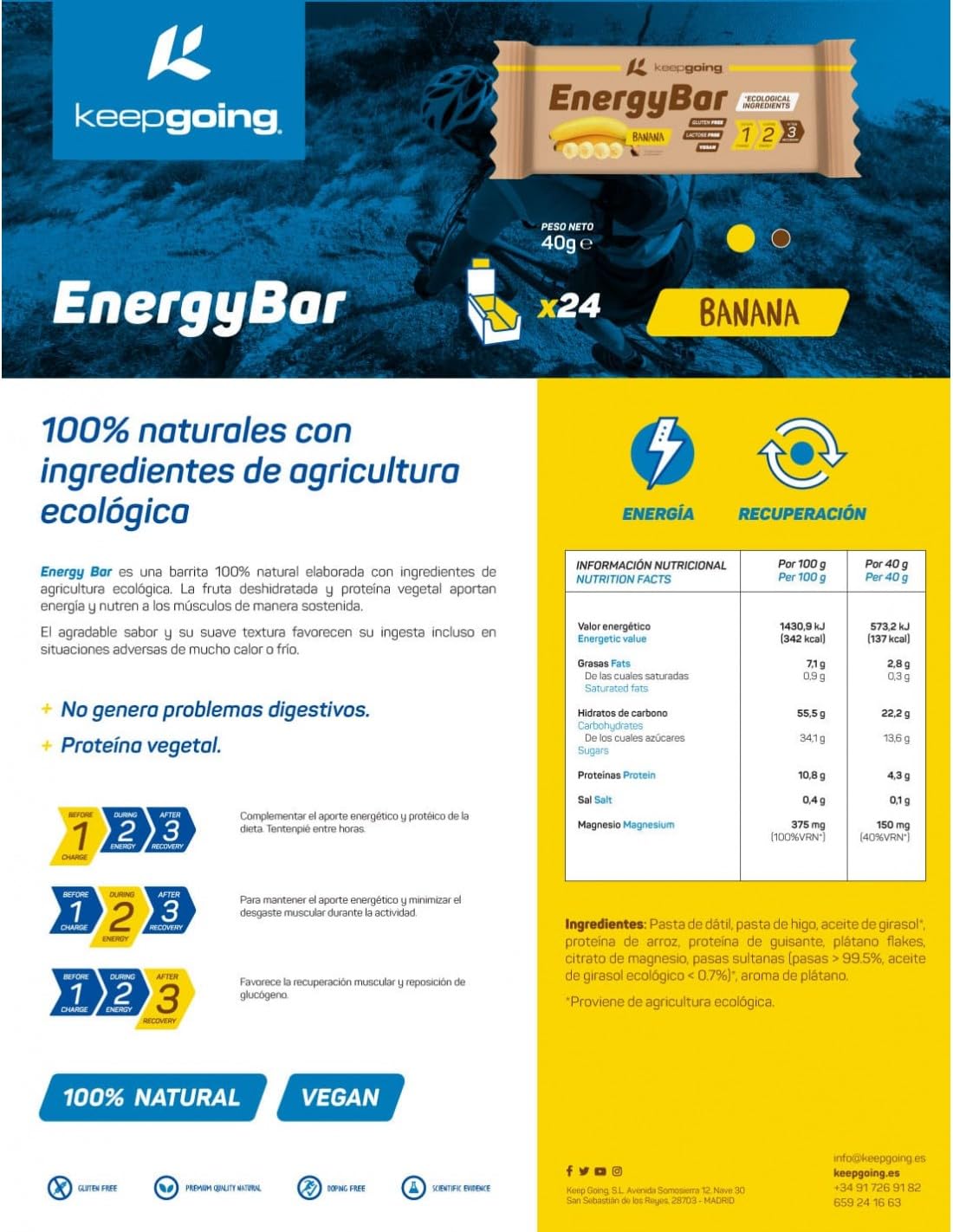 Keepgoing -Barritas Energéticas Naturales EnergyBar de Plátano 24 uds x 40g | Para Ciclismo Trail y Running | Barritas Energéticas | Alto Aporte Energético