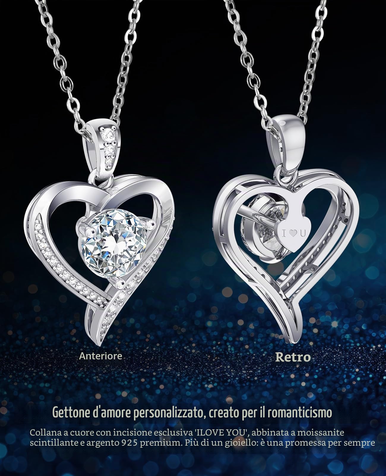Collana Donna 925 Argento Cuore con Moissanite da 1-3 Carati – Collane Regalo con Incisione 'I Love You' per Compleanno, Matrimonio, Anniversario, Gioielli Ideali per Moglie, Fidanzata, Madre, Sorella