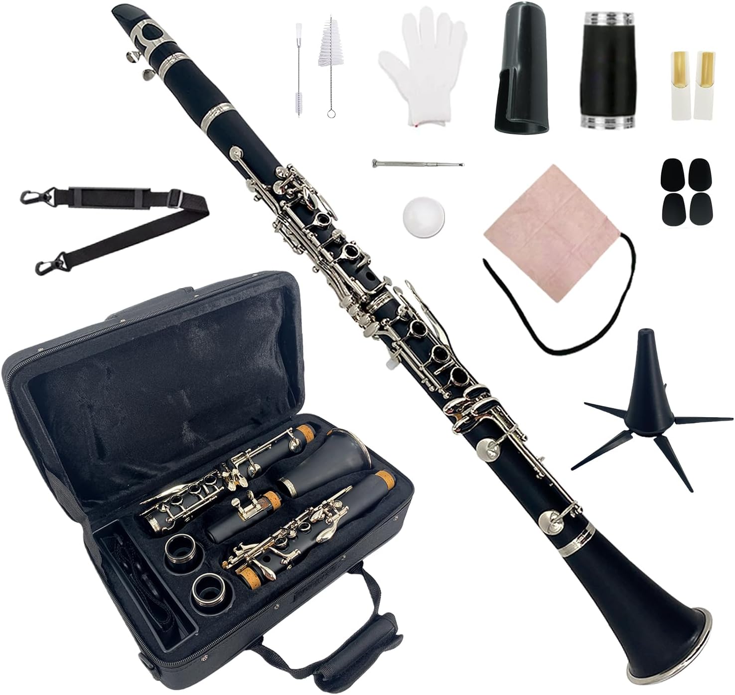 Bb Clarinet for Beginners Student Clarinet 17 Nickel-Plated Keys with Case, Mouthpiece, Reeds, Stand - Easy to Play Ebony Clarinet Kit, Best for Band Orchestra (Bb-key)