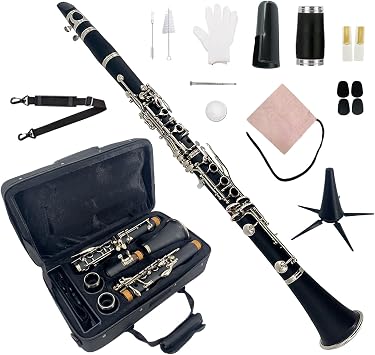 Bb Clarinet for Beginners Student Clarinets 17 Nickel-Plated Keys with Case, Mouthpiece, Reeds, Stand - Easy to Play Ebonite Clarinet Kit, Best for Band Orchestra Bb-key