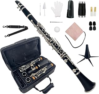 Bb Clarinet for Beginners Student Clarinet 17 Nickel-Plated Keys with Case, Mouthpiece, Reeds, Stand - Easy to Play Ebony Clarinet Kit, Best for Band Orchestra (Bb-key)