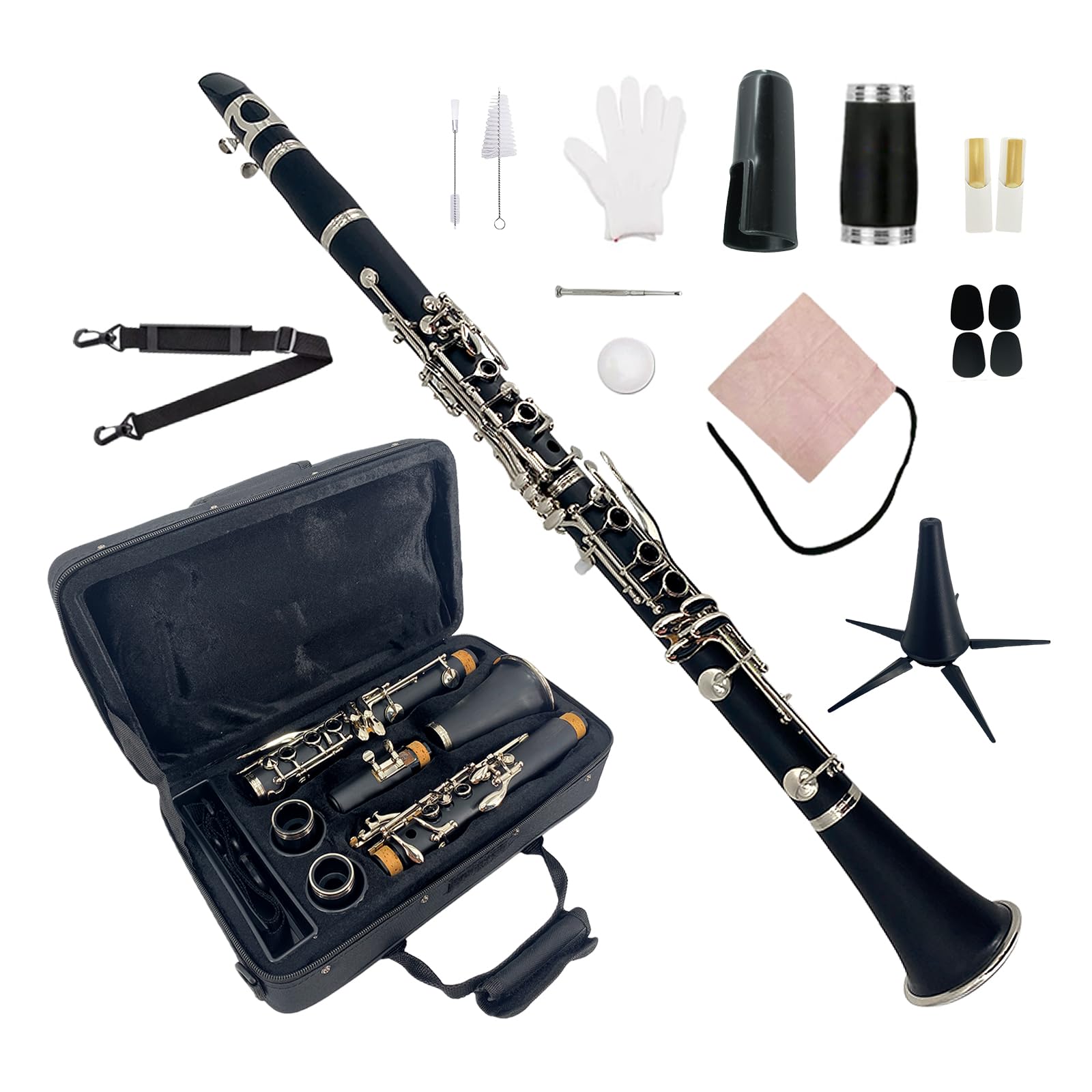 Clarinete para principiantes, clarinete profesional de ebonita con 2 barriles, kit de limpieza de estuche rígido, guantes de grasa de corcho y boquilla (llave BB)
