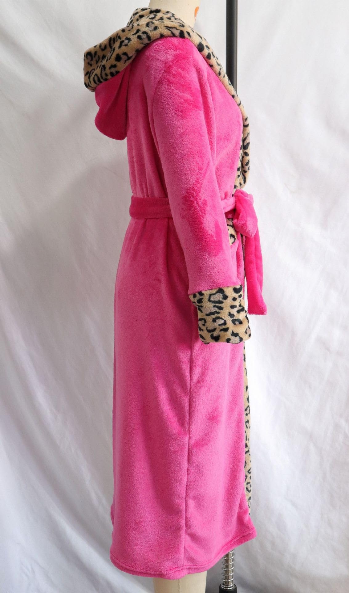 Albornoz con Capucha y Estampado de Leopardo Rosa para Mujer, Cálido y Sexy, de Franela con Cinturón, Cómodo y Suave, Tipo Kimono de Felpa.
