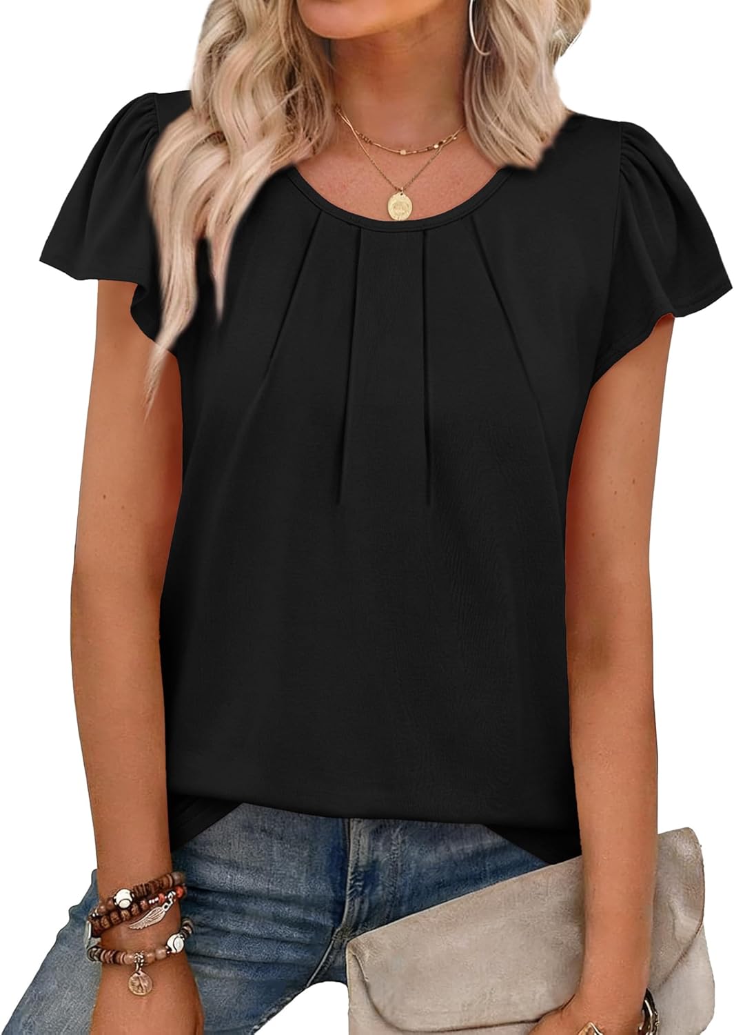 OFEEFAN Womens Summer Tops Ruffle Sleeve Pleated Front Blouses Business Casual Shirts for Women Fashion Clothes