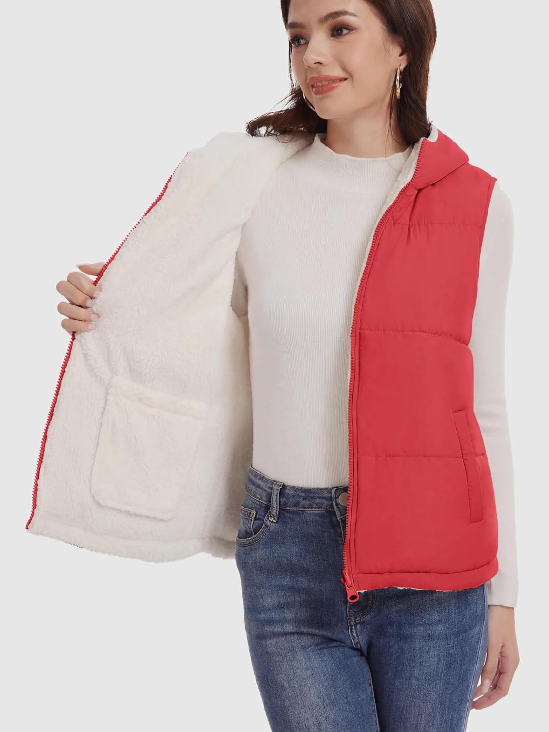 SMENG Women's Puffer Vest Fleece Reversible Hooded Sleeveless Jacket Zip Up Warm Casul Winter Outerwear Pockets