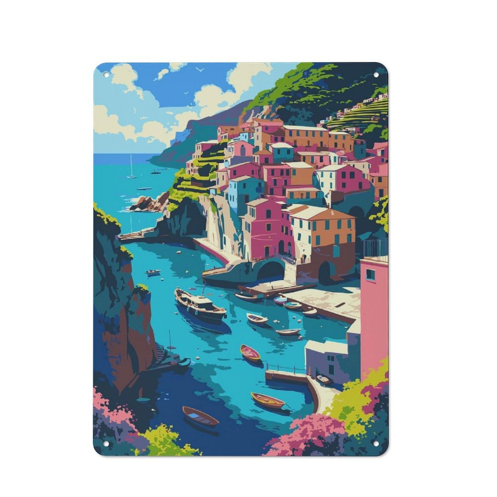 Colorful Coastal Village Illustration Urban Metal Wall Decor 40x30cm, Industrial Metal Sign for Flat, Bar, Studio Or Gallery Wall