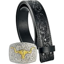 TOPACC Cowboy Belts for Men Women Cowgirl Black Genuine Leather Belt Gold Longhorn Buckle Western Belt for Jeans Pants Dresses Rodeo Outfi