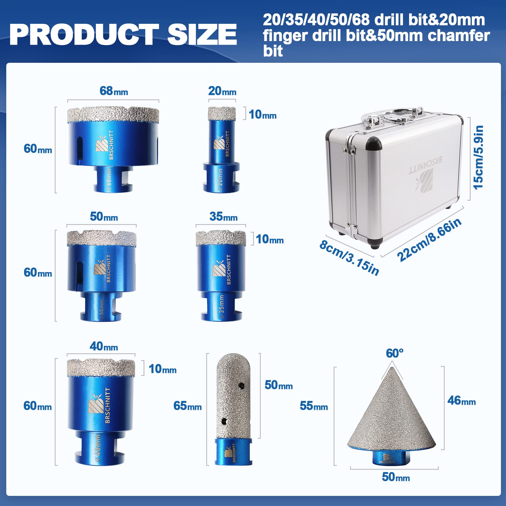Diamond Core Boor Set voor Porseleinen Tegel Keramisch Marmer Graniet Boren, BRSCHNITT 6/8/10/25/35/50/68 &0-35mm Afschuining Vinger Bit met M14 Draad & Adapter