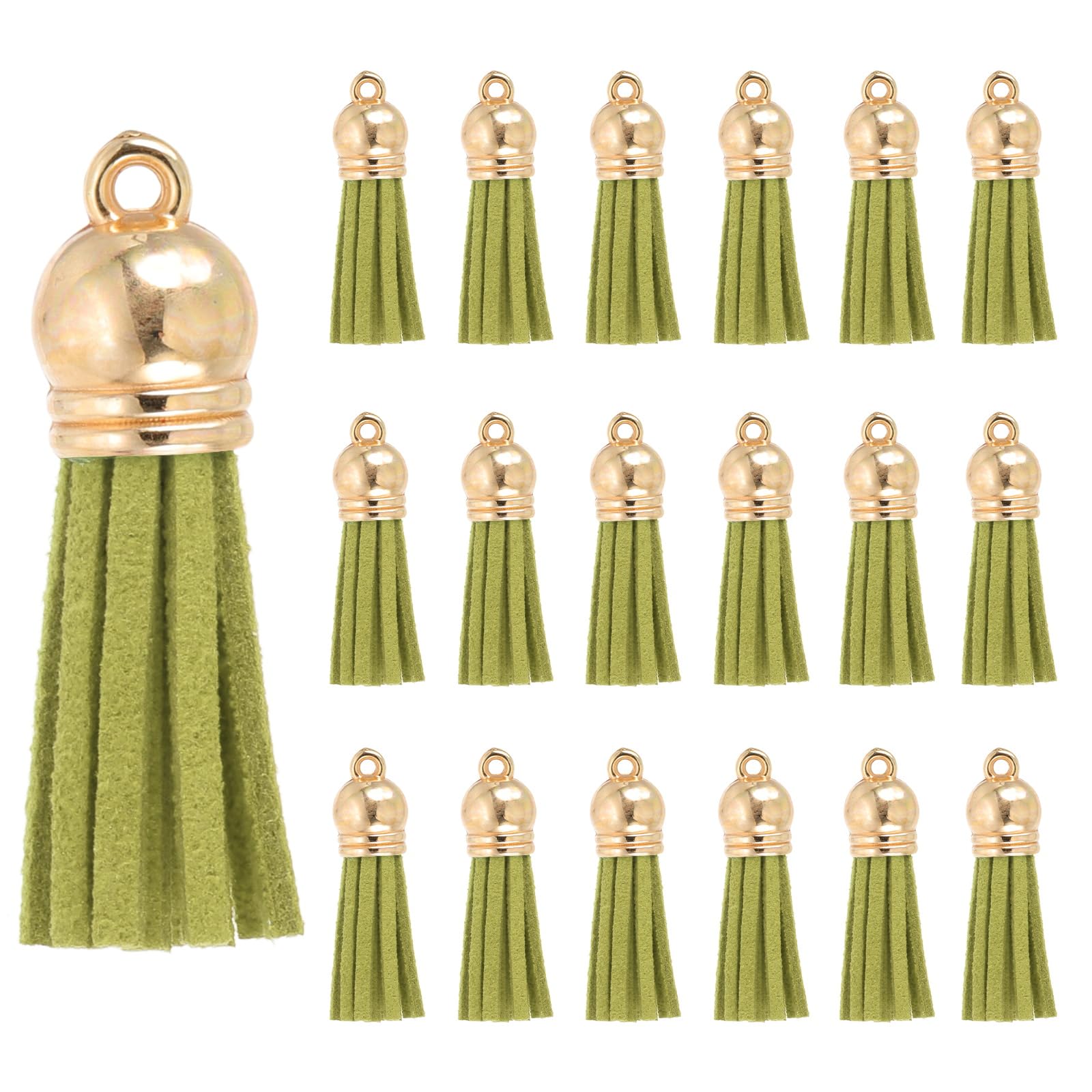 Borlas de cuero verde militar de 1.5 pulgadas con mini flecos densos y capuchón dorado brillante