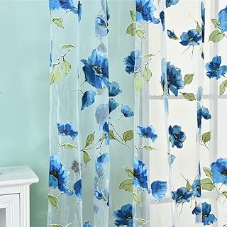 Zhouba - Tenda decorativa moderna per camera da letto romantico con motivo floreale, tenda trasparente divisorio per la casa - blu