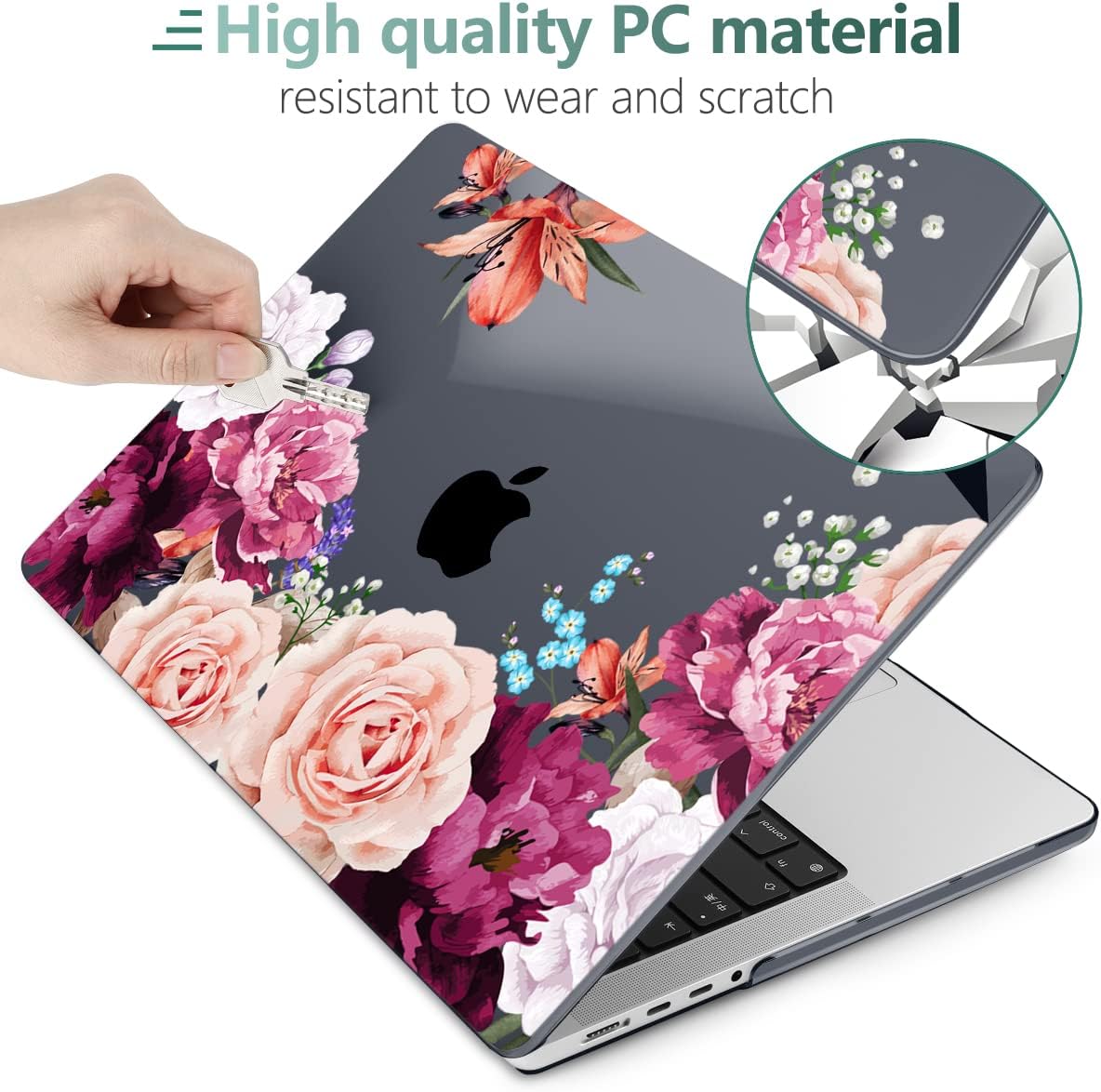 TWOLSKOO Compatible with MacBook Pro 14 inch Case 2023 2022 2021 Release M2 A2779 M1 A2442 Pro/Max Chip with Touch ID, Plastic Hard Shell Case & Keyboard Cover & Screen Protector, Beautiful Rose