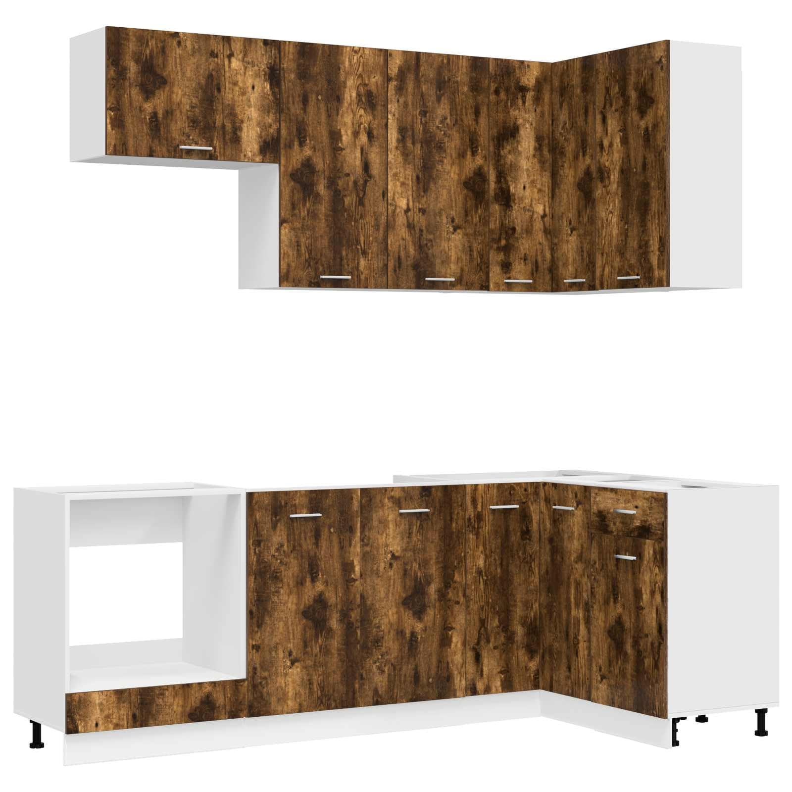 Küchenzeile 8-TLG Lyon Küchenschränke Geräucherte Eiche | Modulare Küchenmöbel aus Holzwerkstoff für Küche und Essbereich mit flexiblen Stellfüßen und Wandhalterung.