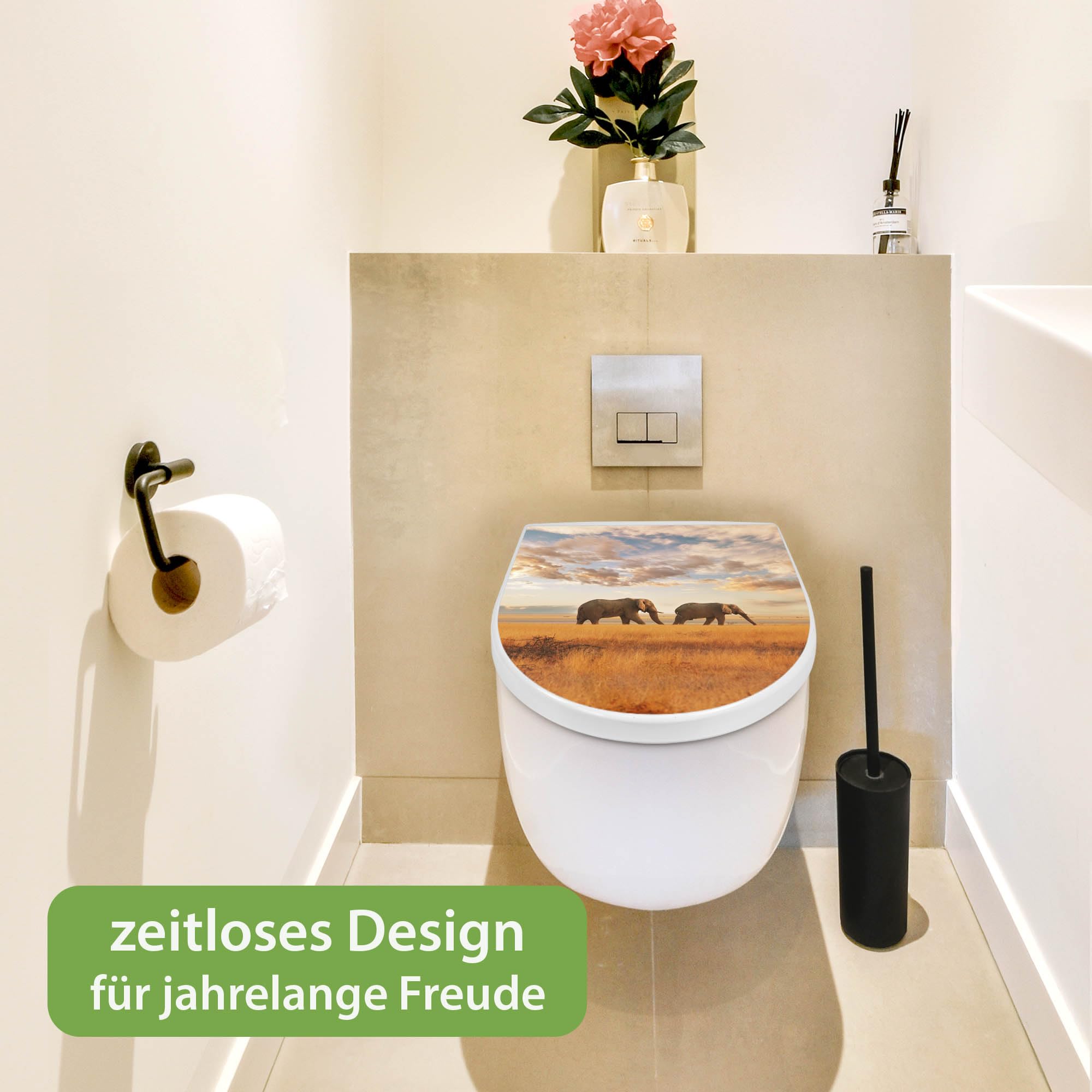 banjado WC Sitz mit Absenkautomatik D Form - Toilettendeckel mit Absenkautomatik D Form - Klodeckel Softclose - stabile Klobrille - Toilettensitz Weiß - Motiv Elefanten