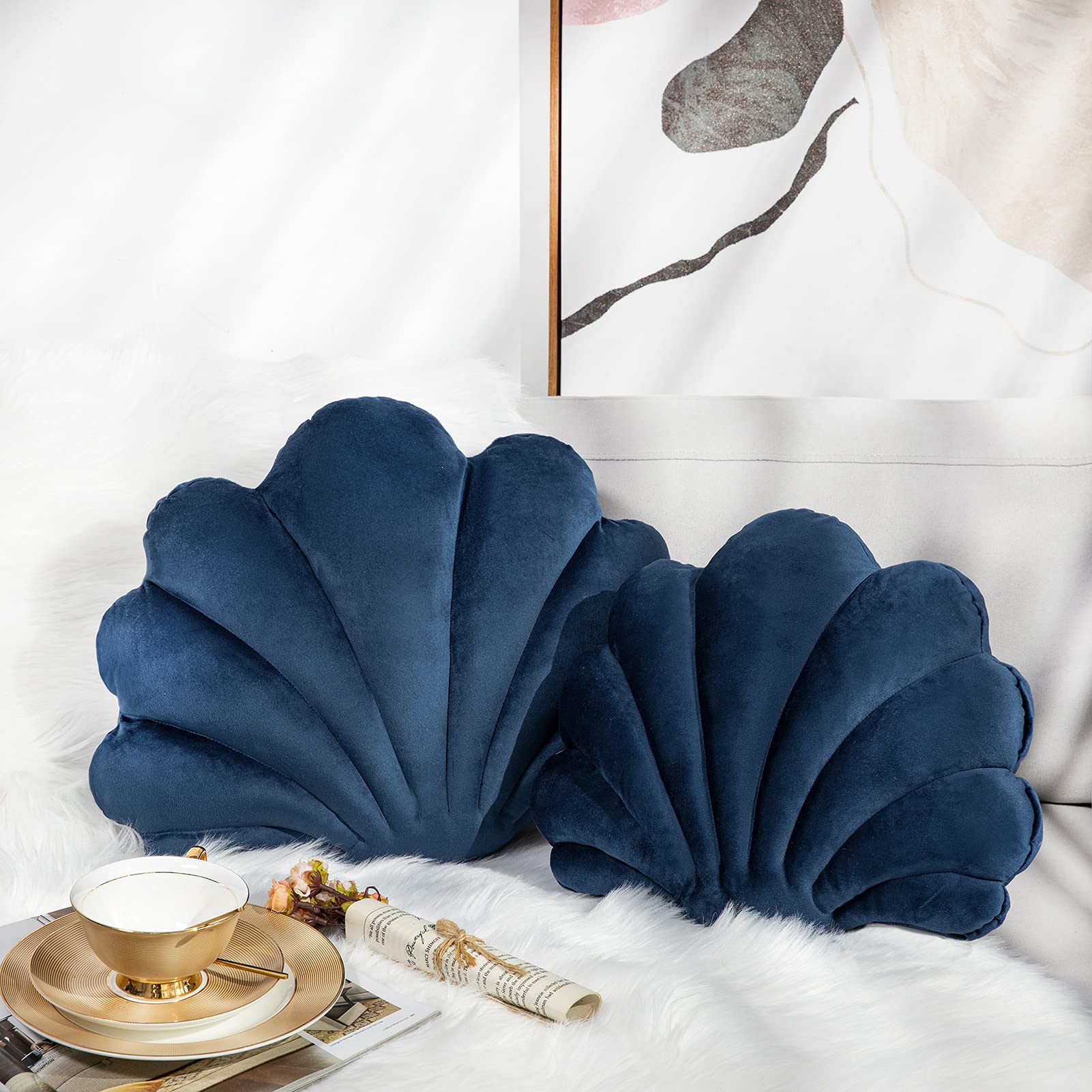 Ashler 3D Throw Pillows Shell Shaped Accent Throw Pillow , Soft Velvet Insert Included Cushion for Couch Bed Living Room, Pack of 1, Navy Blue, 18 X 13 inches