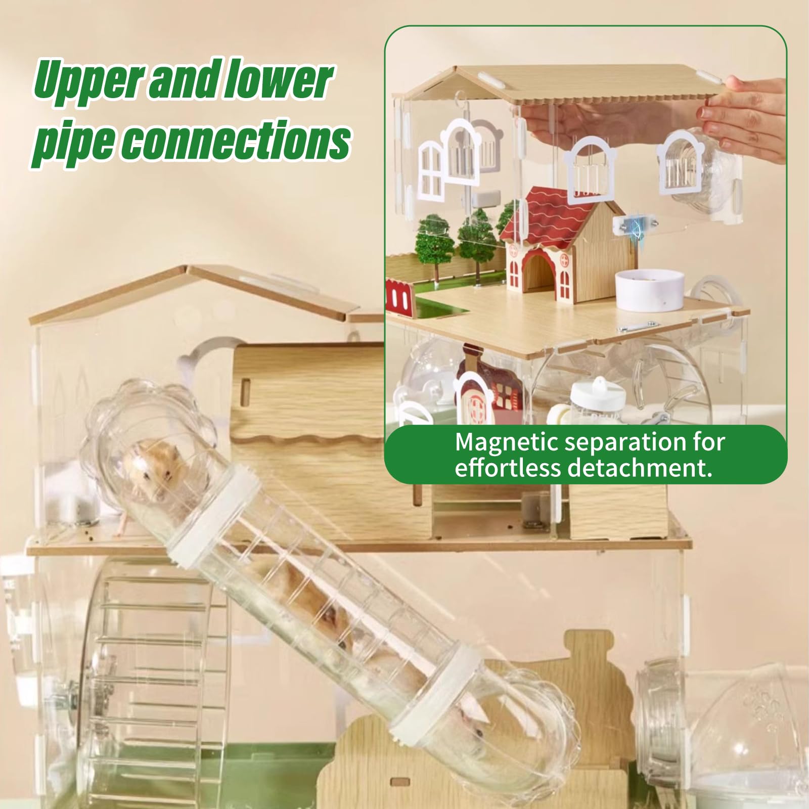 Gabbia per criceti in acrilico 17 in 1, design da giardino, 35 × 26 × 52 cm, trasparente, a più piani, con villa in legno, girante, tunnel, borraccia, vasca da bagno e accessori da gioco (3 livelli)