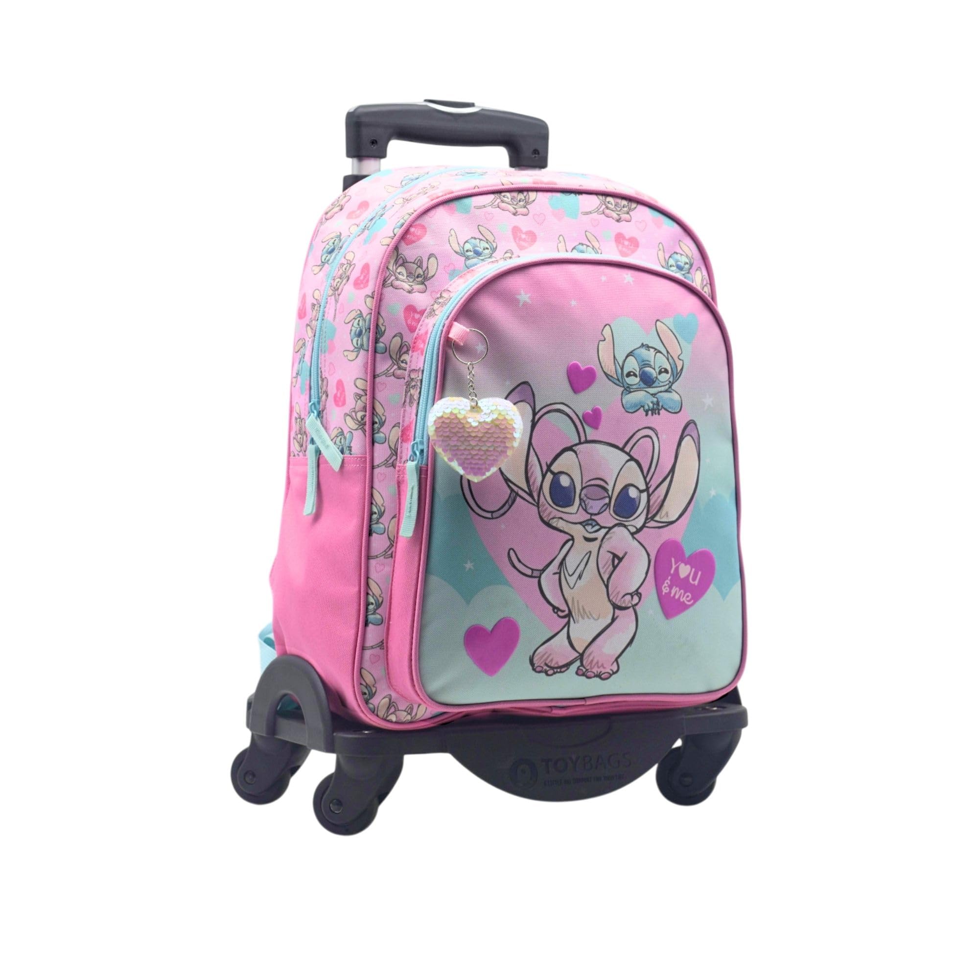Mochila Escolar Angel & Stitch - Doble Compartimento - CON ACCESORIO CORAZON + CARRO NEGRO TOYBAGS CON PROTECCION LATERAL Y STOPER FRONTAL 4 ruedas giratorias - 44.5 X 32 X 21 CM