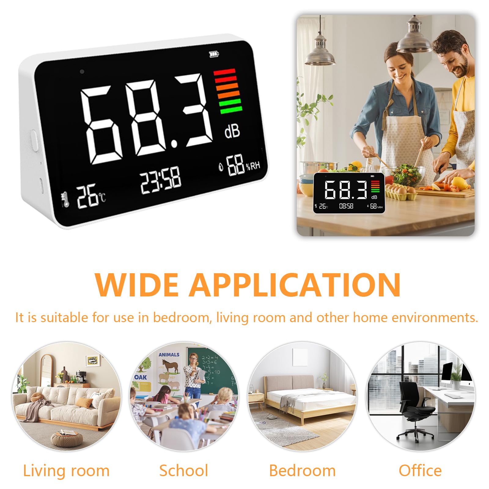 Sonometro, Medidor de Decibelios con Pantalla LCD, Reloj Detección de Temperatura y Medidor de Humedad, Medidor de Nivel de Sonido Digital de 30 a 130 dB para Casa, Escuela, Hospital