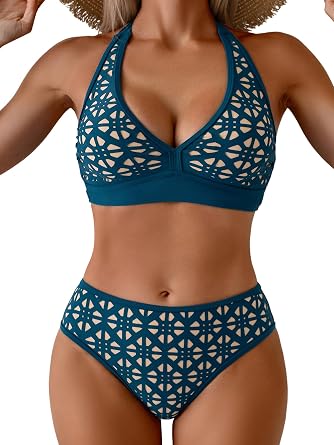 Eomenie Halter Bikini Sets for Women V Neck Two Piece Swimsuit | Full Coverage Bottom, Mid Rise, Soft Removable Padded, Bathing Suits for Curvy Women
