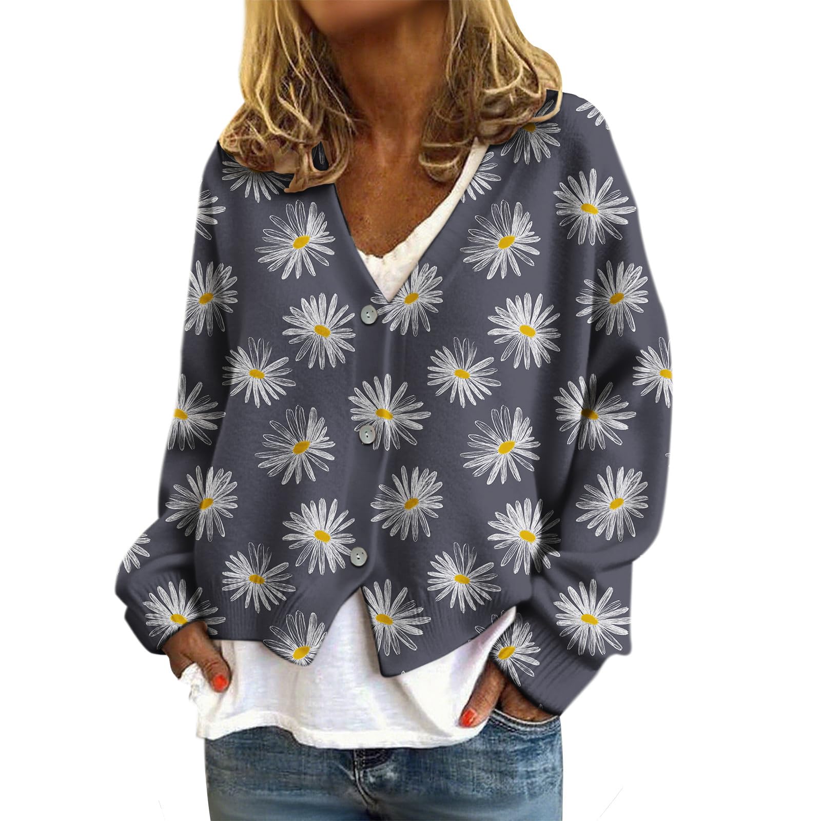 Womens Daisy Print Cardigan Sweaters Chunky Knit V Neck Sweater Casual Loose Fit Fall Fashion Open Front Cardigans