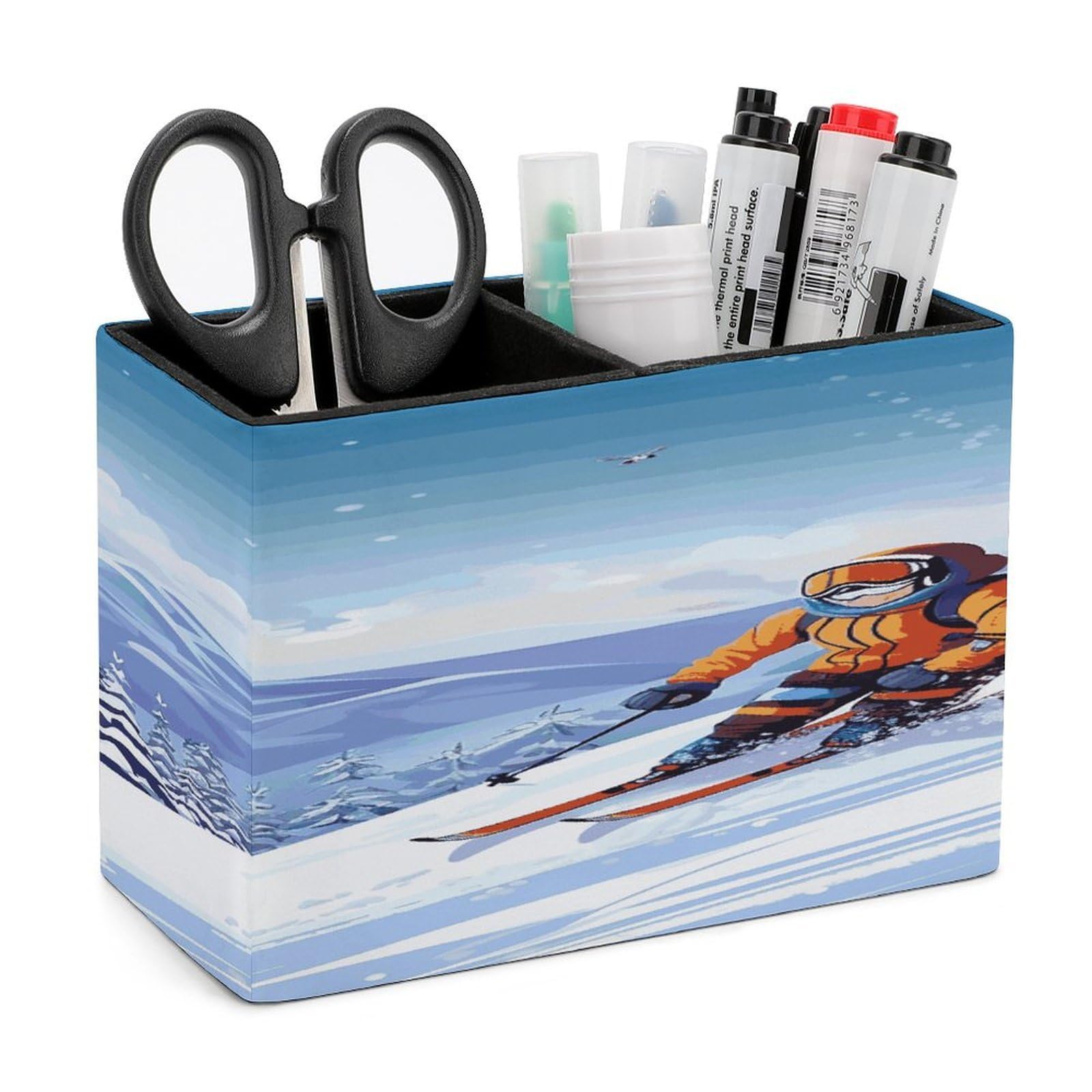 LDGSUPH Winter Skiing Leather Pen Holder for Desk Organizer Caddy Large Pencil Cup Multi-function Pencil Holder Makeup Brush Holders Pen Organizer for Home Office Storage Box