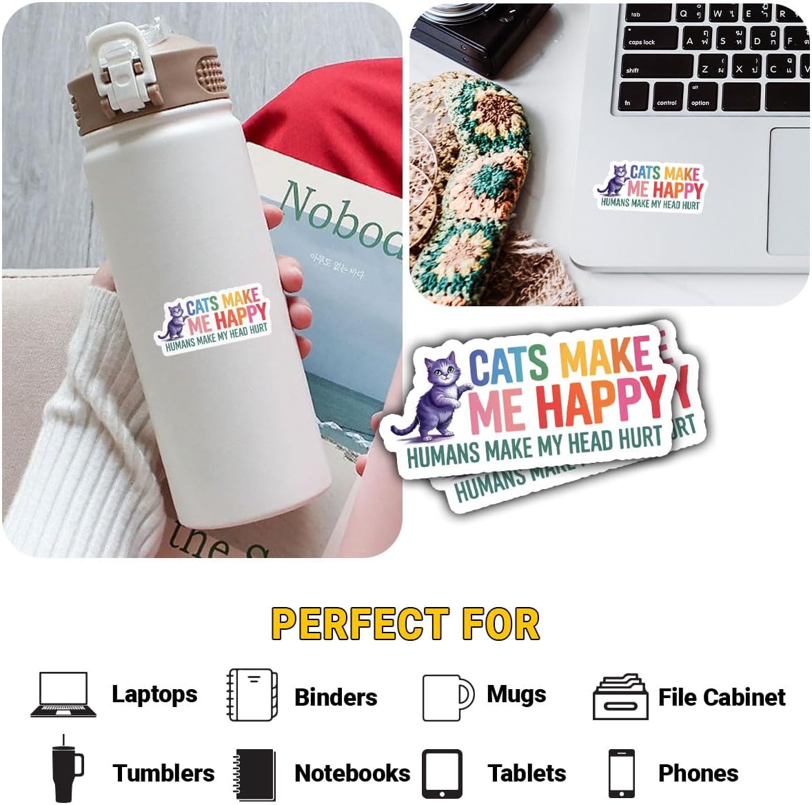 3Pcs Cats Make Me Happy Humans Make My Head Hurt Sticker Funny Cat Lover Gift for Cats Make Me Happy Humans Make My Head Hurt Stickers Pet Car Decal for Laptop Bottle Notebook Toolbox Hard Hat 3" image 3