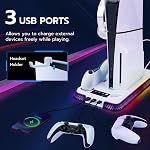 Mcbazel RGB Cooling Stand for PS5, Dual Controller Charger & Fast Charging Station with 3 USB Ports, Headphone Hook, Adjustable Cooling Fan for PS5/PS5 Slim/PS5 Pro