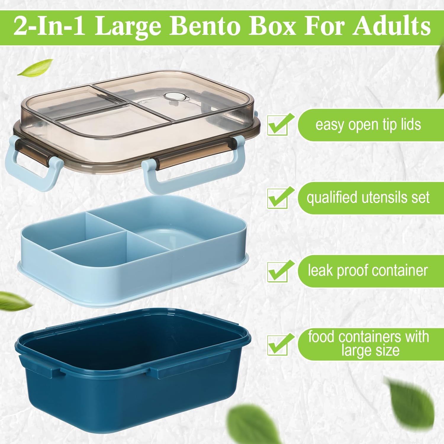 Hushee 3 Pack 42 oz Bento Lunch Box First Day of School Back to School 2 Layers 3 Compartments Bento Plastic Box for Adults, Microwave Dishwasher and Freezer Safe Lunch Snack Containers and Cutlery
