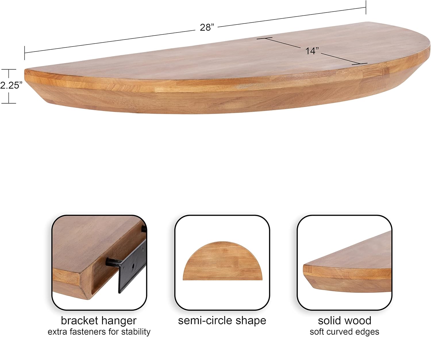 Kate and Laurel Colter Transitional Floating Console Table, 28 x 3 x 14, Natural Brown, Modern Half-Circle Solid Wood Floating Shelf Table for Home Decor for Small Spaces