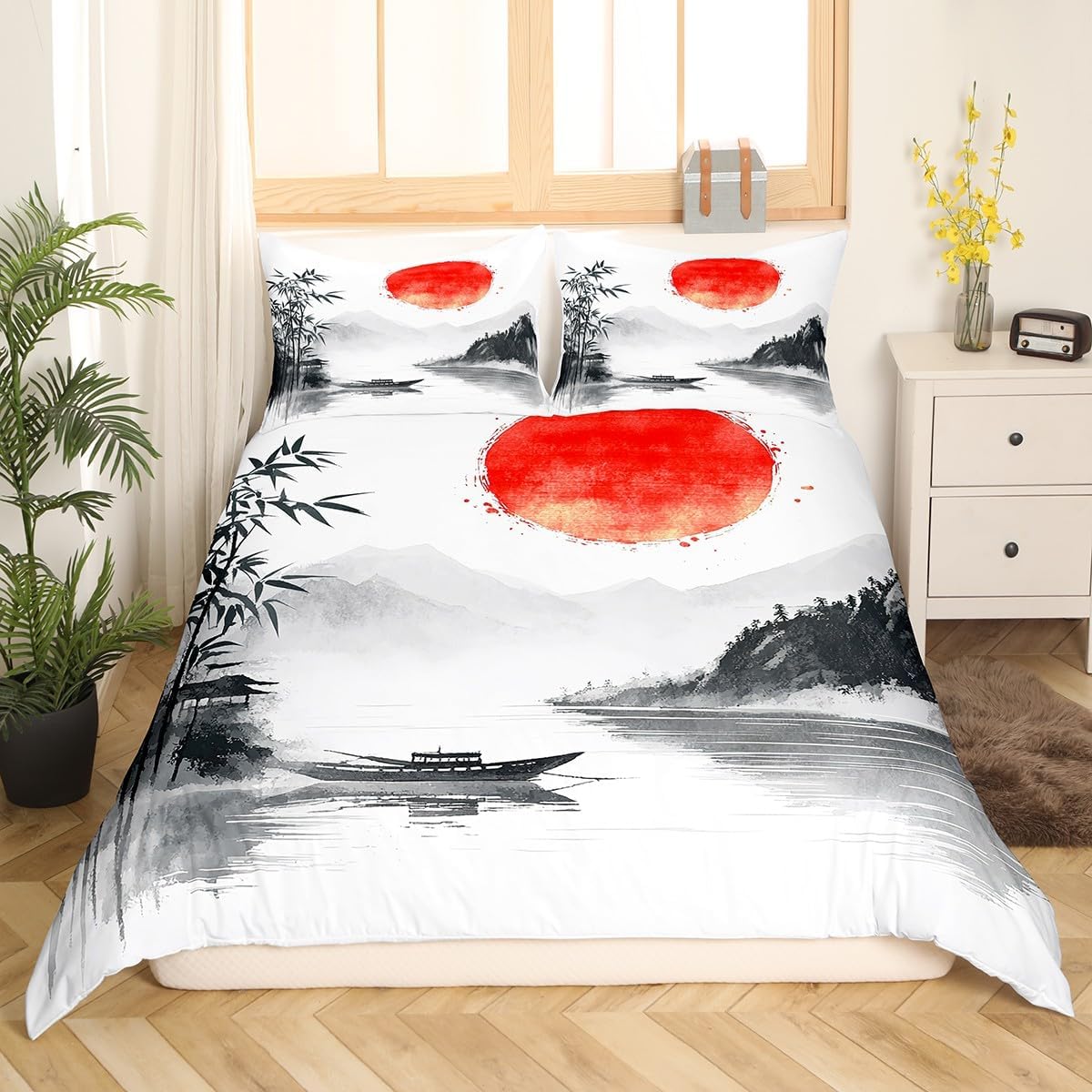 Erosebridal Japanese Ukiyo-E Duvet Cover Queen Size, Trees Boat Mountains Bedding Sets for Bedroom, Ink Painting Sun Soft Bed Cover for Kids Boys Girls, Japanese Style Sun No Comforter Bedroom Set