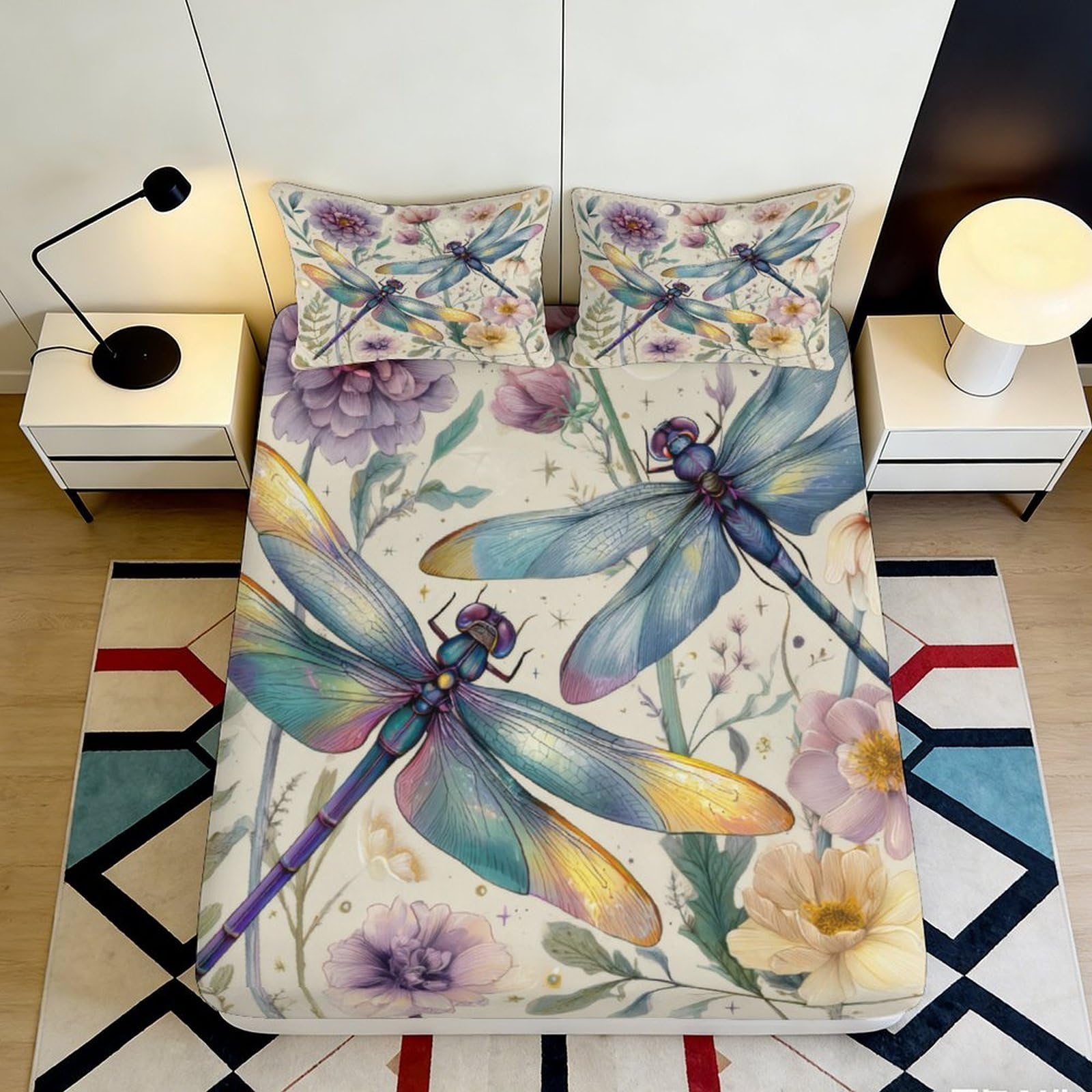 Dhbaneiok Style-2 3D Printed Dragonfly Floral Fitted Sheet Microfiber Soft Anti-Slip Bed Cover For Bedroom Guest Room Decor 90X200x25cm