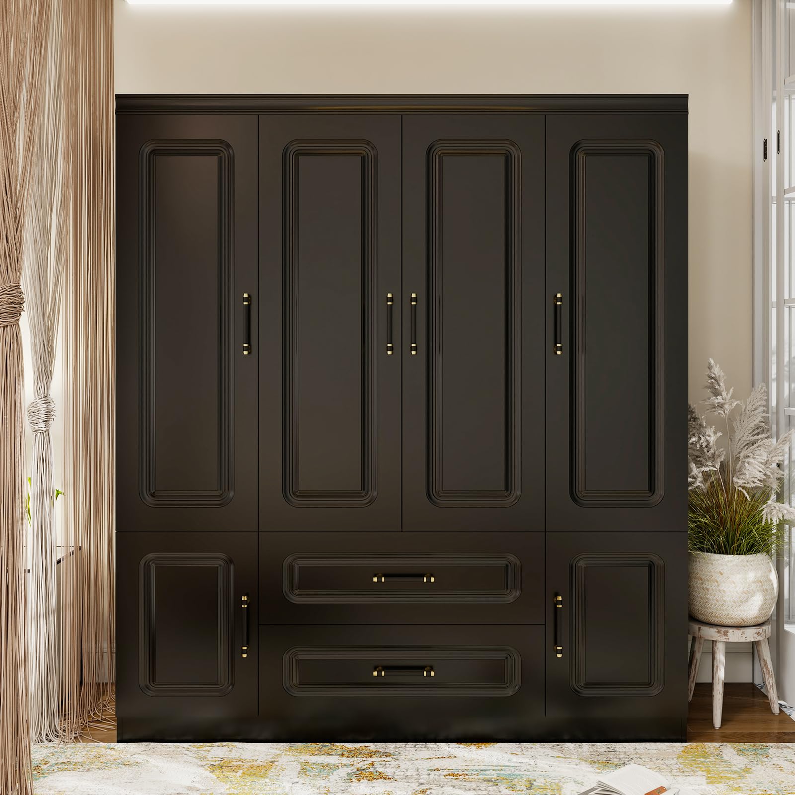 Nesbsakte Large Wooden Armoire Wardrobe Closet Black Capacity Storage Clothes Cabinet with 4 Doors, 2 Drawers, 2 Hanging Rods and Shelves for Bedroom